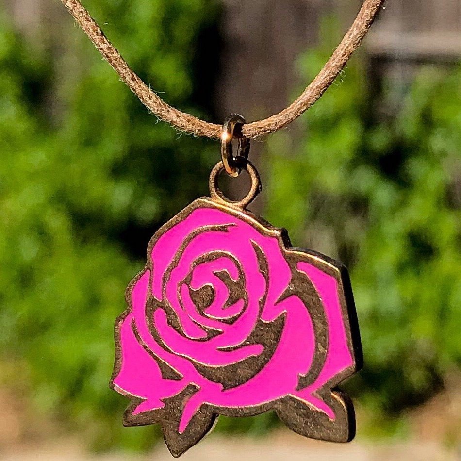 Mighty Rose Pink Pendant Necklace on Adjustable Length Natural Fiber Cord