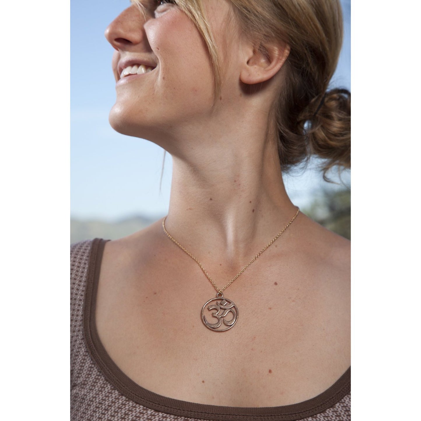 Om Peace Bronze Pendant Necklace on 18" Rolo Chain